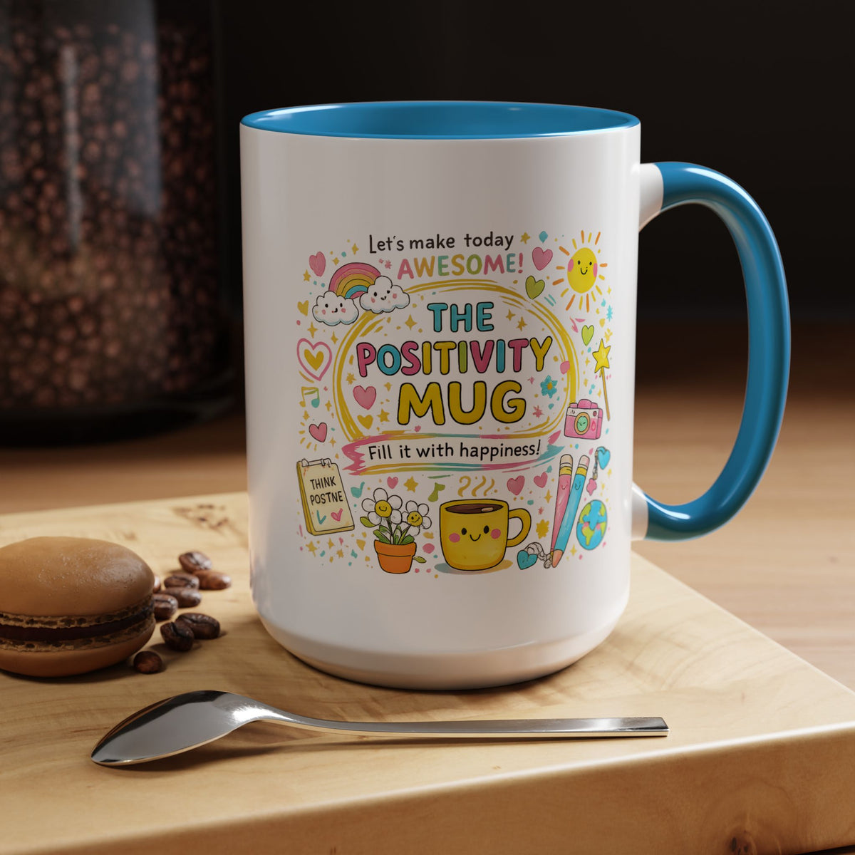 The Positivity Mug, Funny Sarcastic Office Gag Gift for Coworkers, Bright Doodle Aesthetic Motivational Coffee Cup with Orange Handle