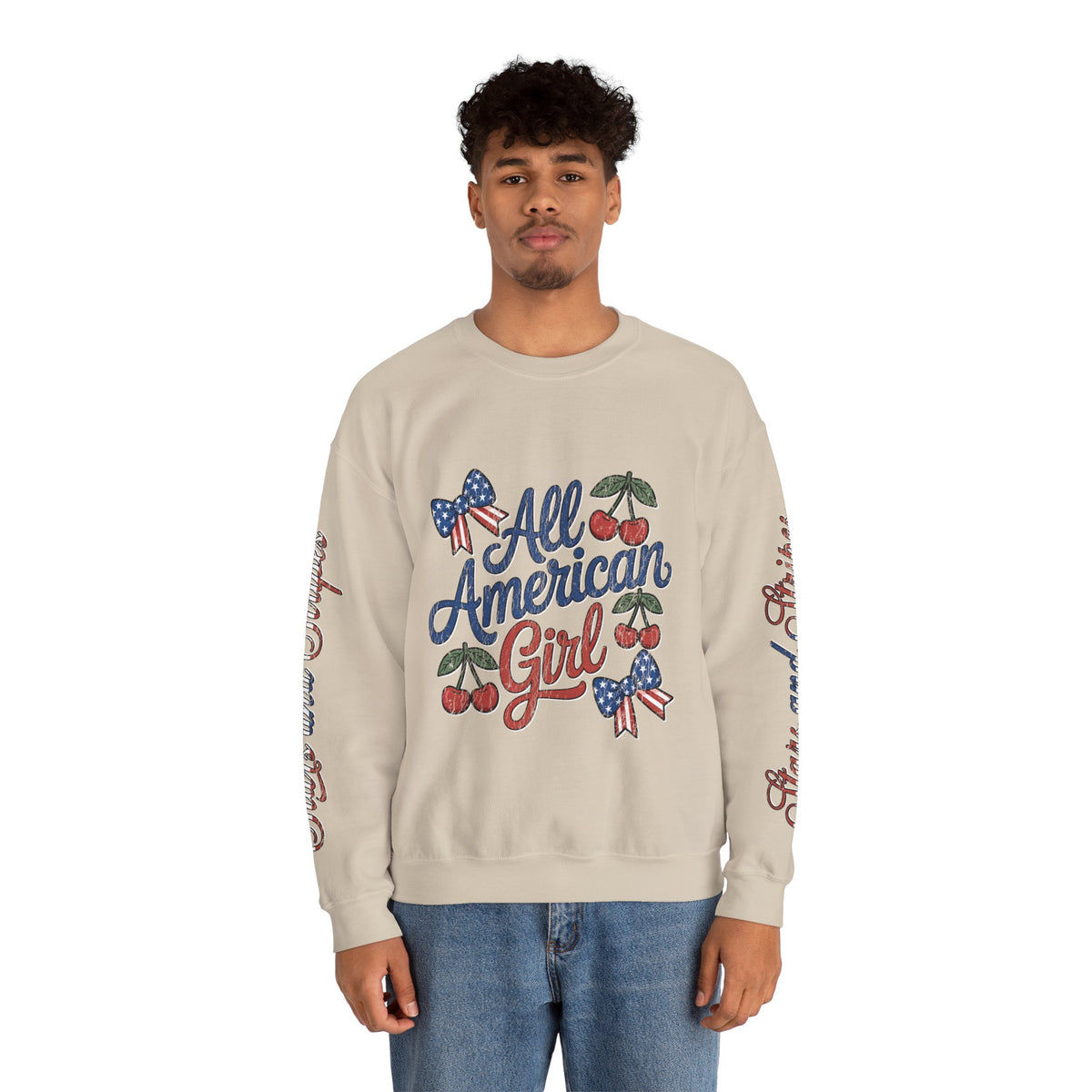 All American Girl Sweatshirt, Patriotic Womens Pullover, USA Flag Cherry Top, Vintage Americana Style, Fourth of July Gift