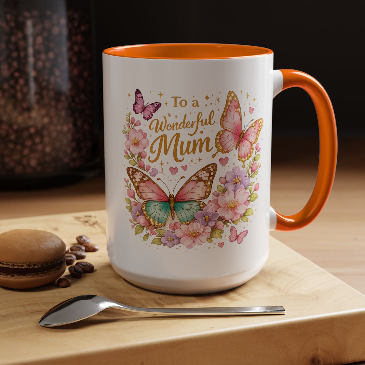 To a Wonderful Mum Coffee Mug, Cute Butterfly Birthday Gift for Mother, Floral Pastel Watercolor Ceramic Tea Cup with Pink Handle, Mum Gift