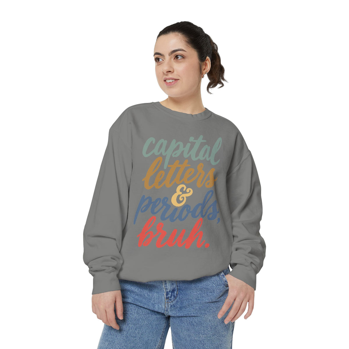 Capital Letters and Periods Bruh Sweatshirt, Funny Grammar Teacher Crewneck, English ELA Educator Gift, Back to School Pullover for Women
