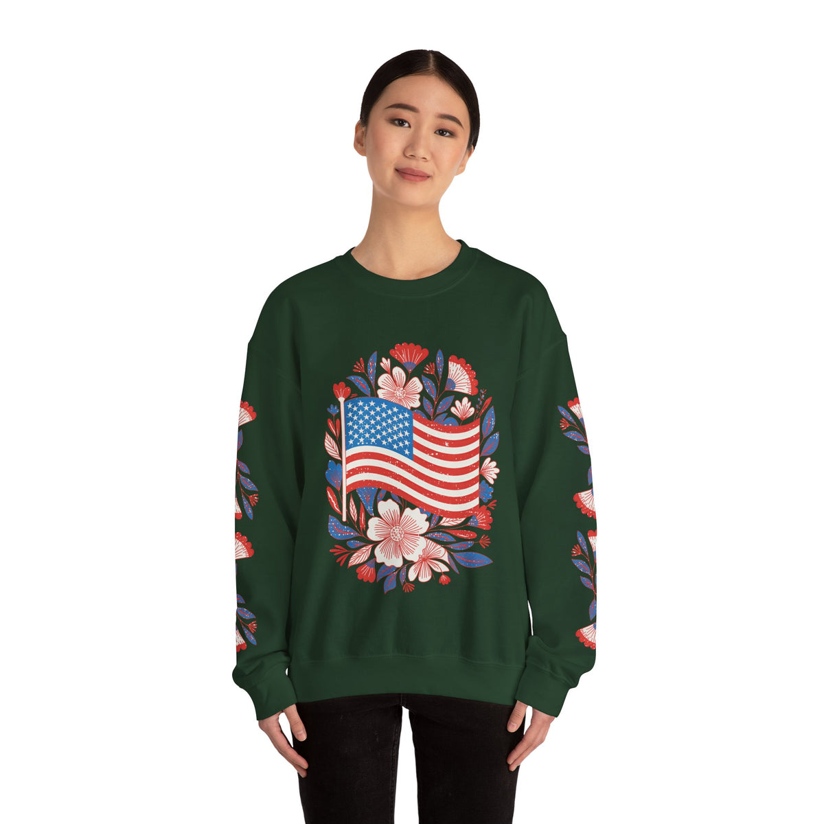 Floral American Flag Sweatshirt, Patriotic USA Pullover, Red White Blue Flower Top, Fourth of July Outfit, Americana Gift for Women
