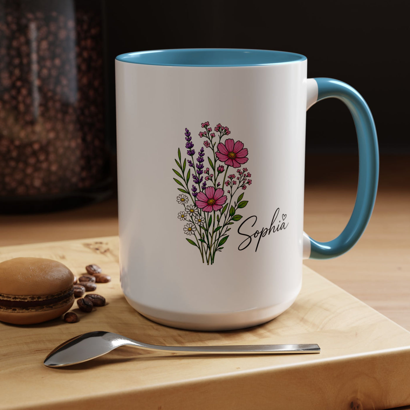 Personalized Floral Name Mug, Custom Wildflower Coffee Cup for Her, Birthday Gift for Women, Botanical Friend or Coworker Keepsake
