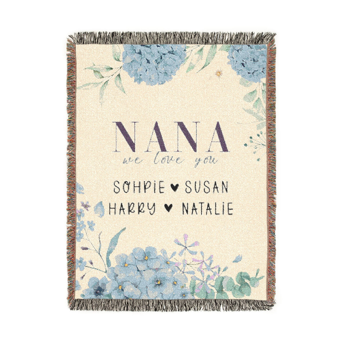 Personalized Nana Woven Blanket, Blue Hydrangea Floral Throw, Grandma Gift, Family Keepsake, Cozy Mother's Day Home Decor for Nana & Family