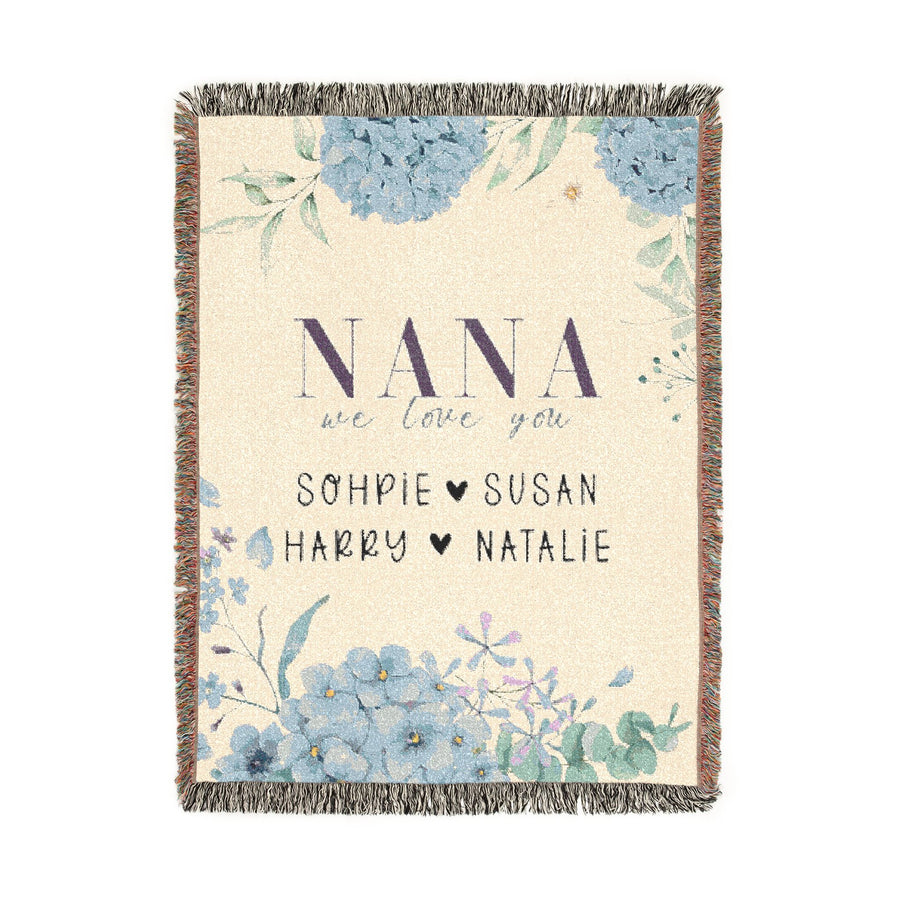 Personalized Nana Woven Blanket, Blue Hydrangea Floral Throw, Grandma Gift, Family Keepsake, Cozy Mother's Day Home Decor for Nana & Family