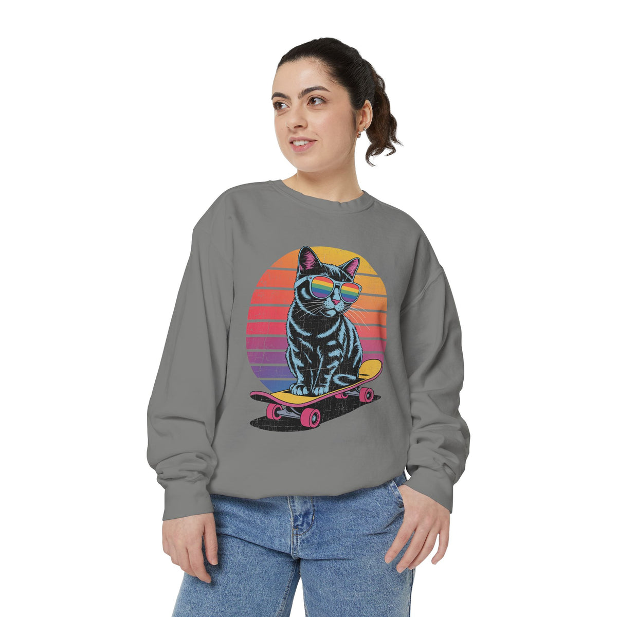 Retro Skateboard Cat Sweatshirt, Rainbow Sunglasses Kitty Crewneck, Funny Cat Lover Gift, Vintage Skater Graphic Cozy Pullover Top