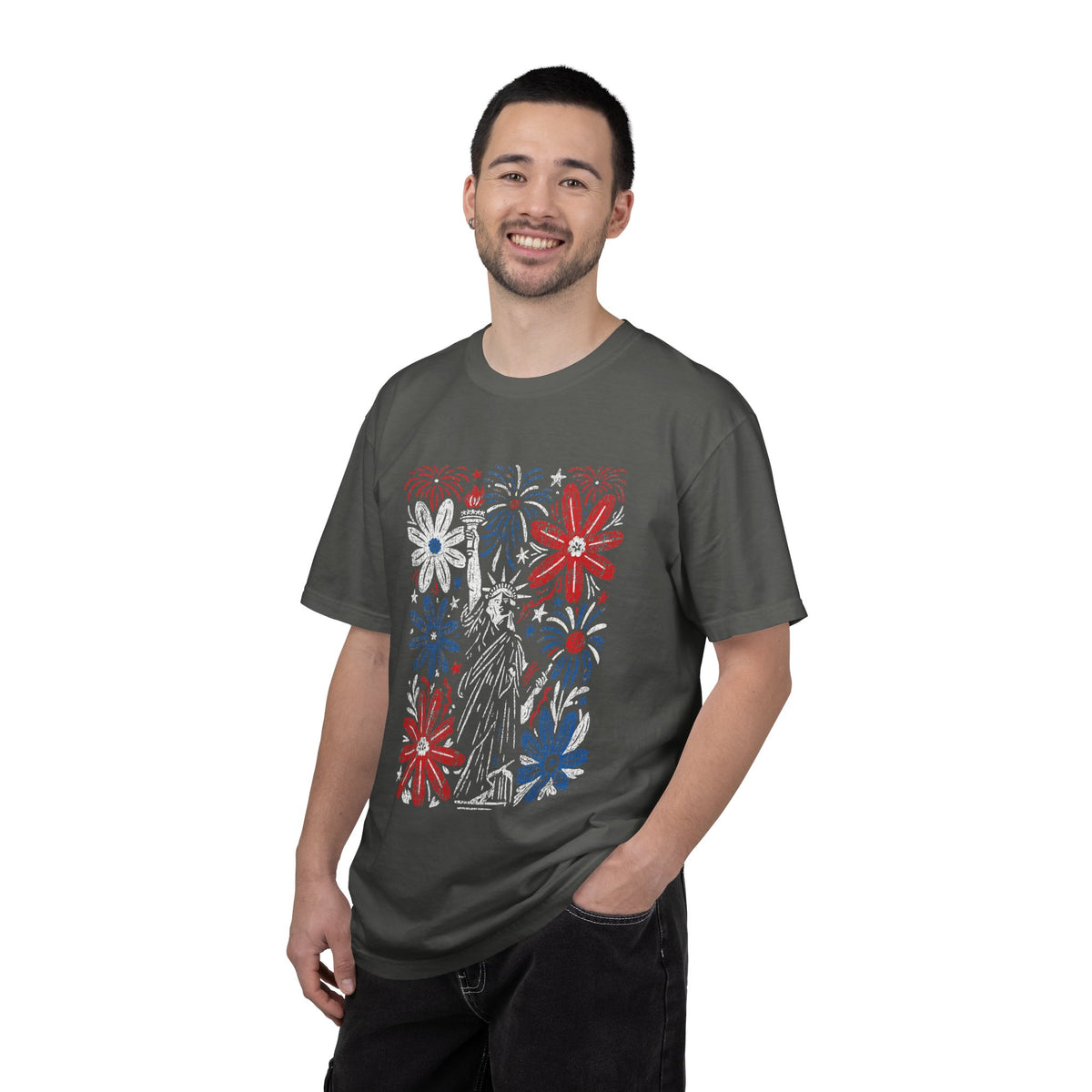 Patriotic Fireworks Shirt, Red White Blue Flower Graphic Tee, Americana T Shirt, Fourth of July Outfit, Vintage USA Gift for Women