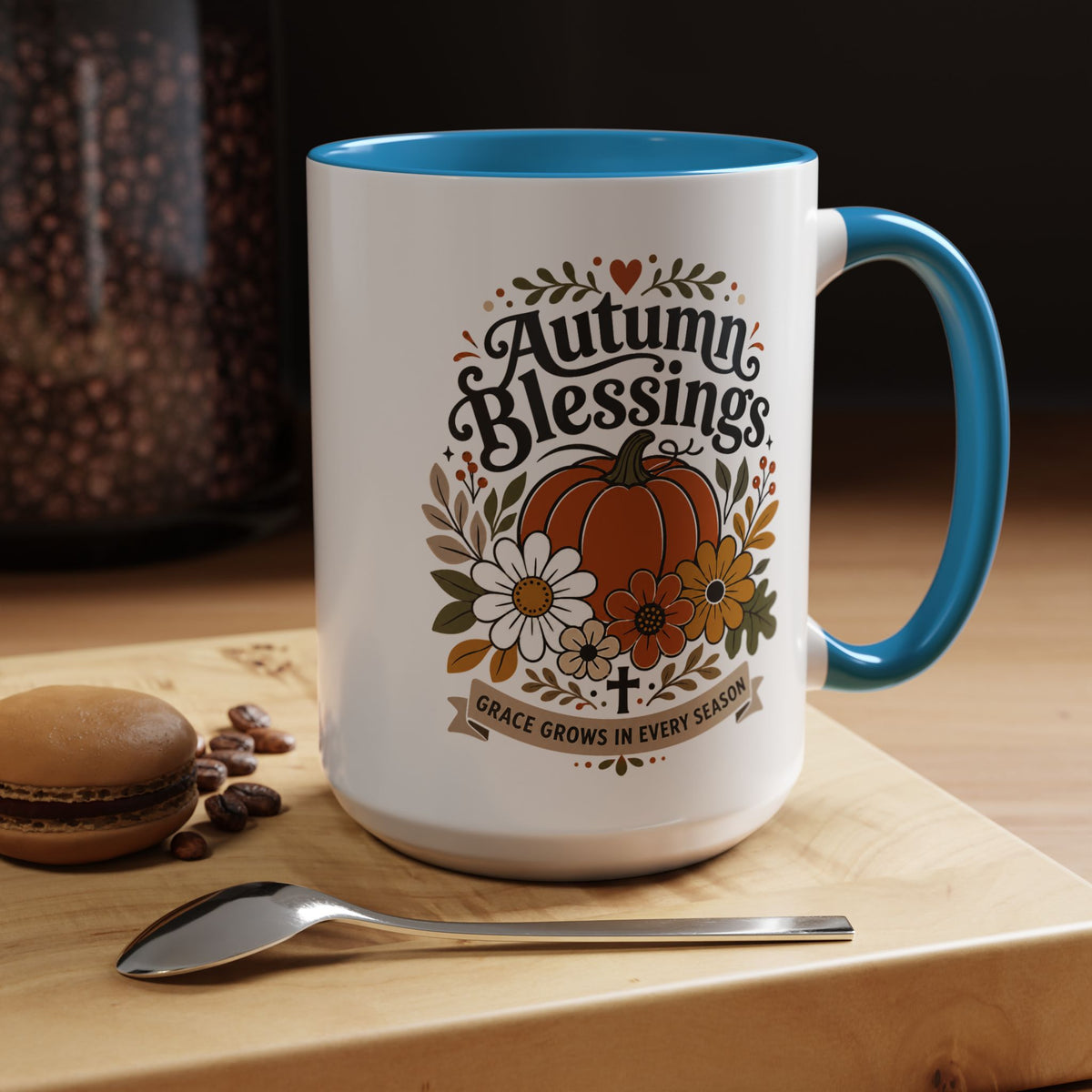 Autumn Blessings Christian Mug, Grace Grows in Every Season Coffee Cup, Faith Based Fall Gift, Floral Pumpkin Thanksgiving Decor