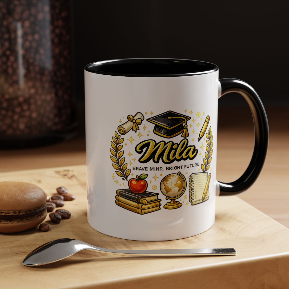 Personalized Graduation Mug for Her, Brave Mind Bright Future Coffee Cup, Custom Name Gift for Daughter, College or High School Graduate