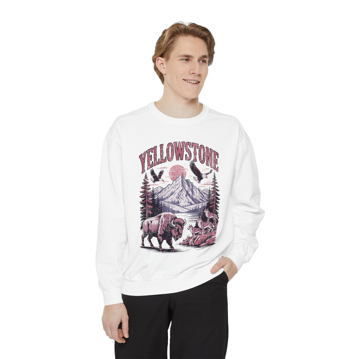 Yellowstone Wildlife Sweatshirt, Bison Wolf Eagle Mountain Crewneck, National Park Lover Gift, Western Nature Graphic Cozy Pullover