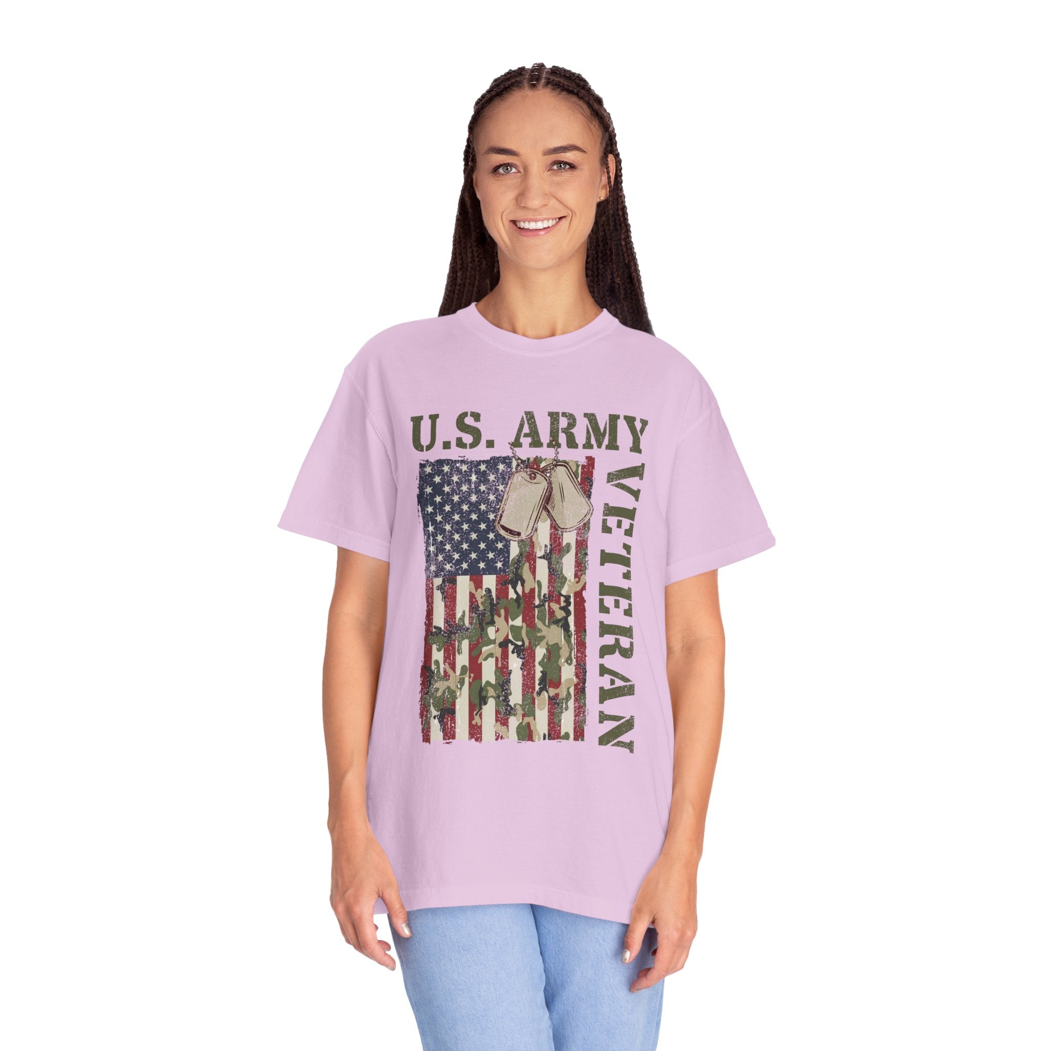 US Army Veteran Shirt, American Flag Camo T-Shirt, Military Dog Tag Tee, Patriotic Gift for Soldier, Retirement or Veterans Day Top
