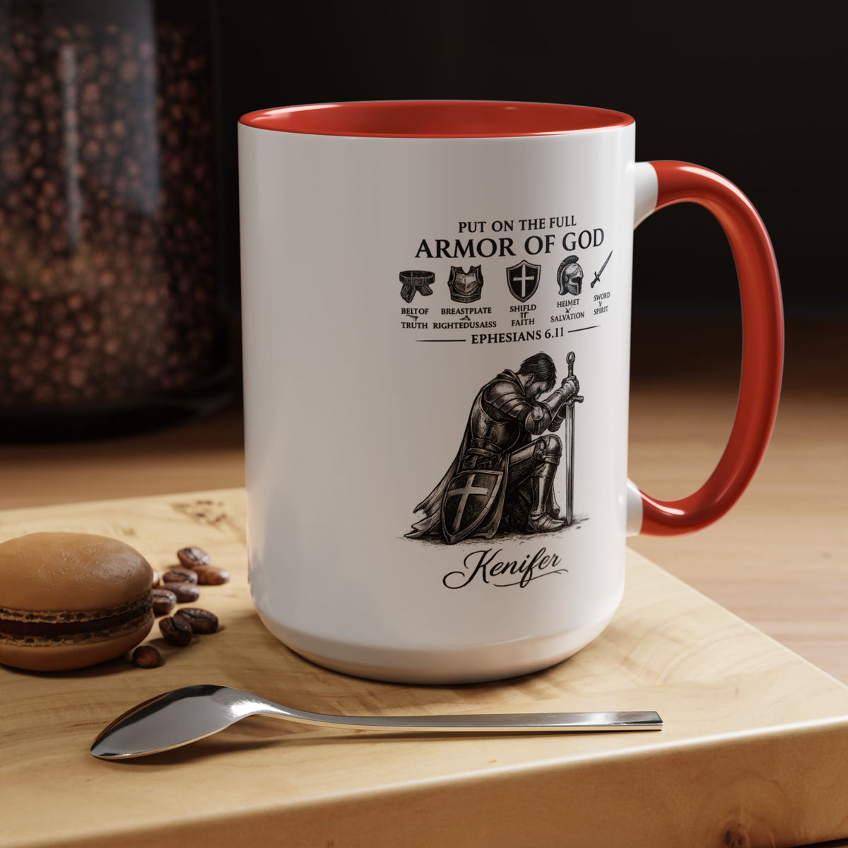 Full Armor of God Coffee Mug with Name, Personalized Christian Knight Gift for Men, Inspirational Scripture Ceramic Tea Cup, Religious Faith Present