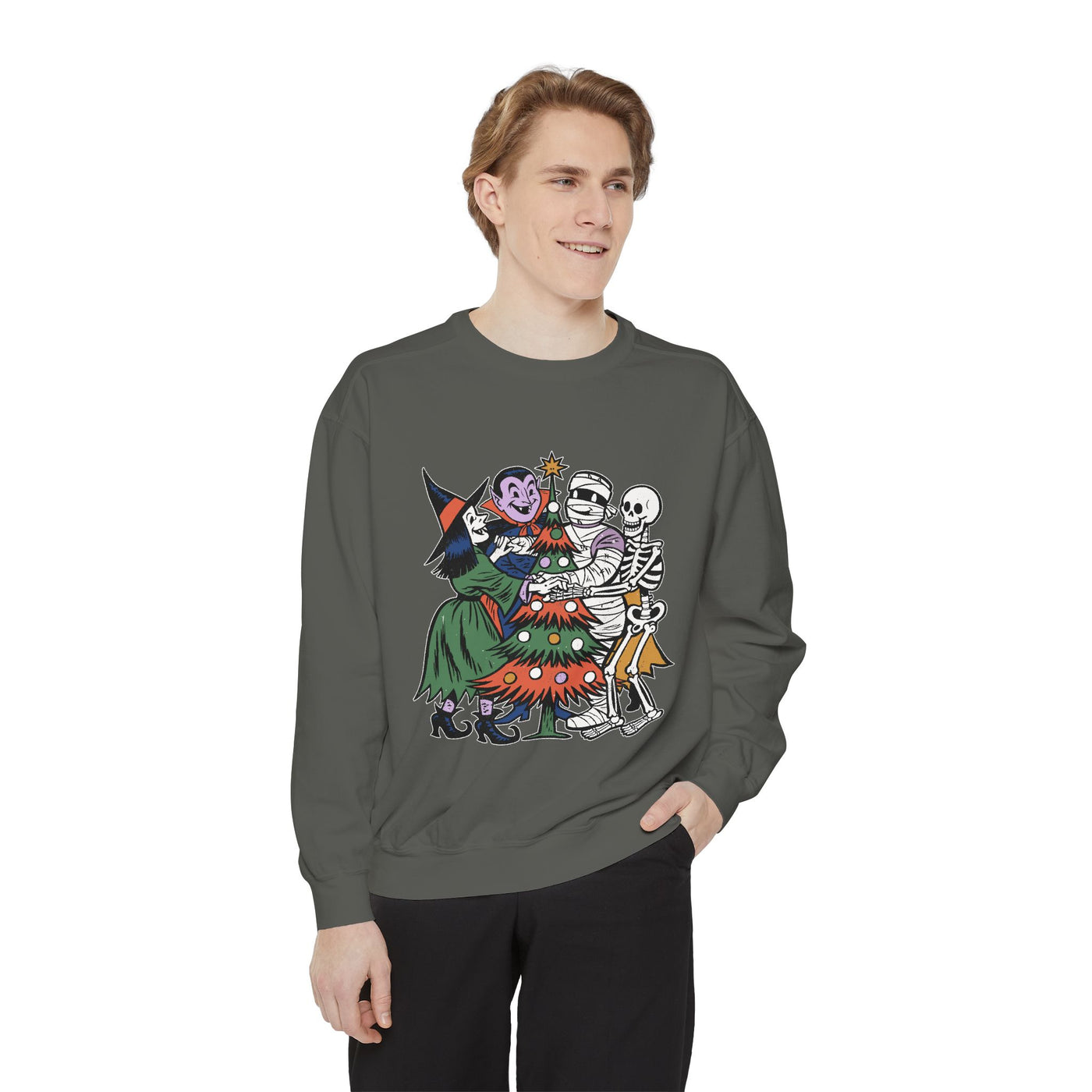 Spooky Christmas Sweatshirt, Halloween Holiday Mashup Crewneck, Witch Vampire Mummy Skeleton Pullover, Gothic Xmas Gift for Horror Fan