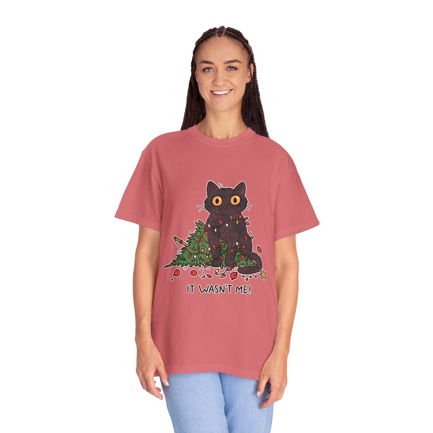It Wasn't Me Black Cat Christmas Shirt, Funny Holiday T-Shirt, Mischievous Kitty Lights Tee, Gift for Cat Mom, Cat Dad, Christmas Party Top