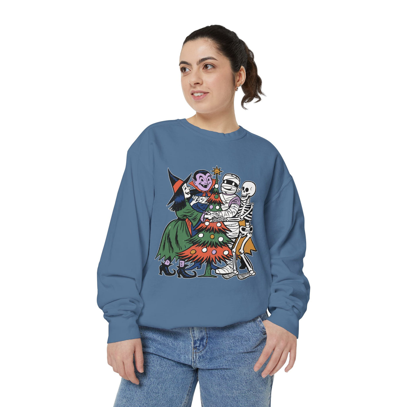 Spooky Christmas Sweatshirt, Halloween Holiday Mashup Crewneck, Witch Vampire Mummy Skeleton Pullover, Gothic Xmas Gift for Horror Fan