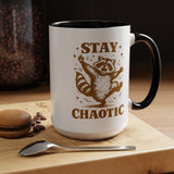 Stay Chaotic Raccoon Coffee Mug, Funny Trash Panda Gift for Friends, Sarcastic Animal Meme Ceramic Tea Cup with Pink Handle