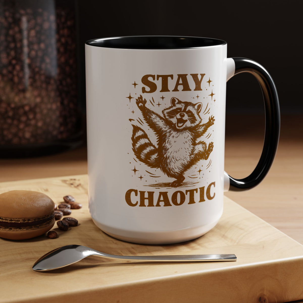 Stay Chaotic Raccoon Coffee Mug, Funny Trash Panda Gift for Friends, Sarcastic Animal Meme Ceramic Tea Cup with Pink Handle