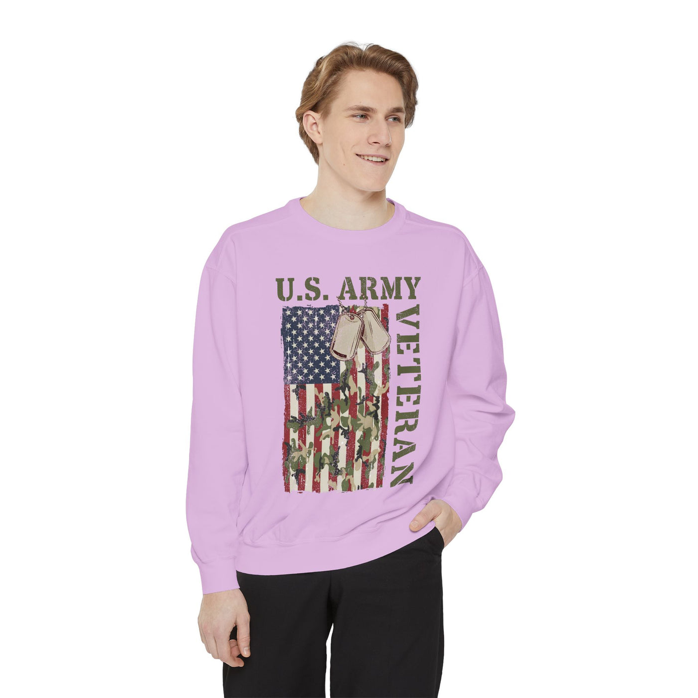 US Army Veteran Sweatshirt, American Flag Camo Crewneck, Military Dog Tag Pullover, Patriotic Soldier Gift, Retirement or Veterans Day Top