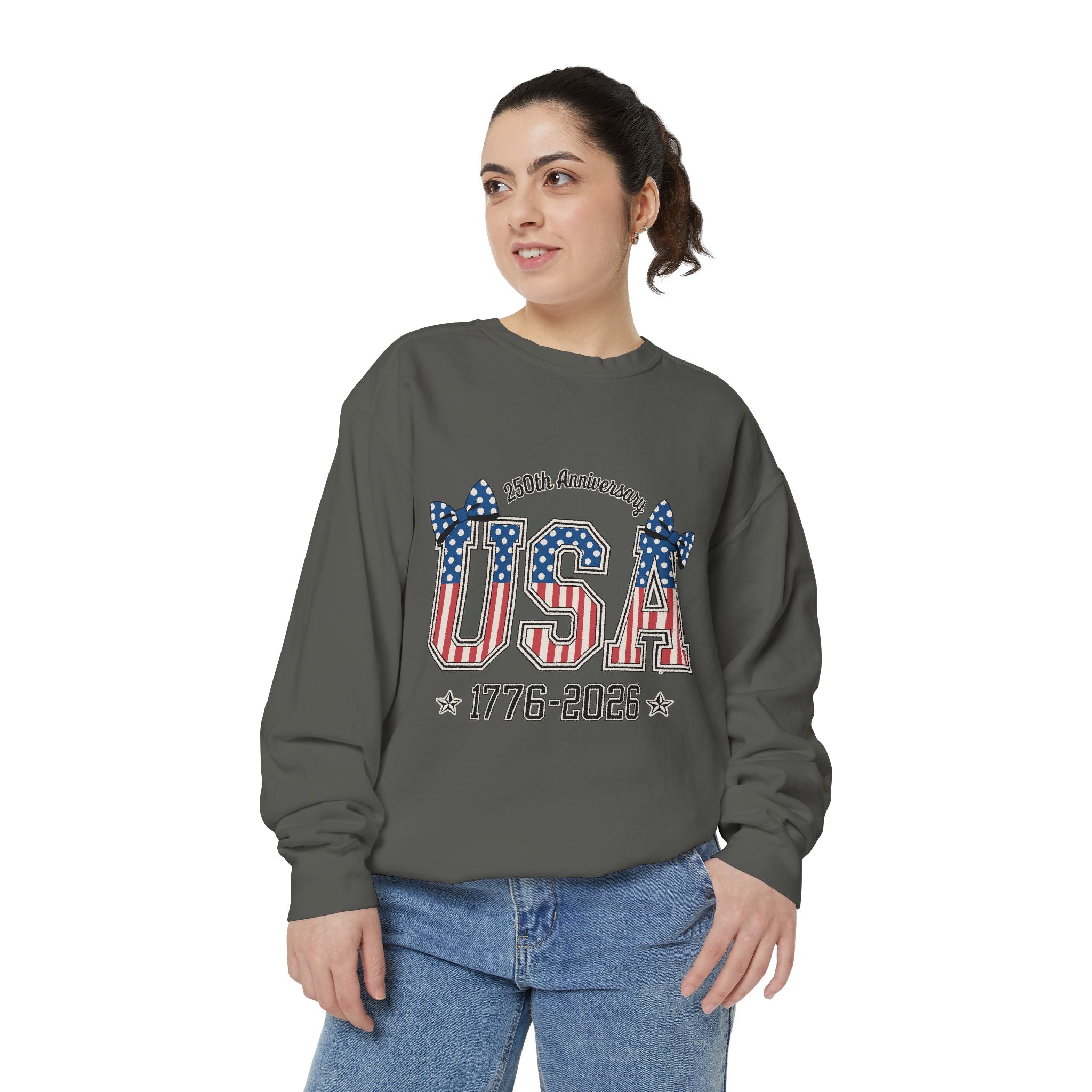 USA 250th Anniversary Comfort Colors Sweatshirt, Patriotic Bow Coquette Shirt, America 1776 2026 Sweatshirt, Fourth of July Gift