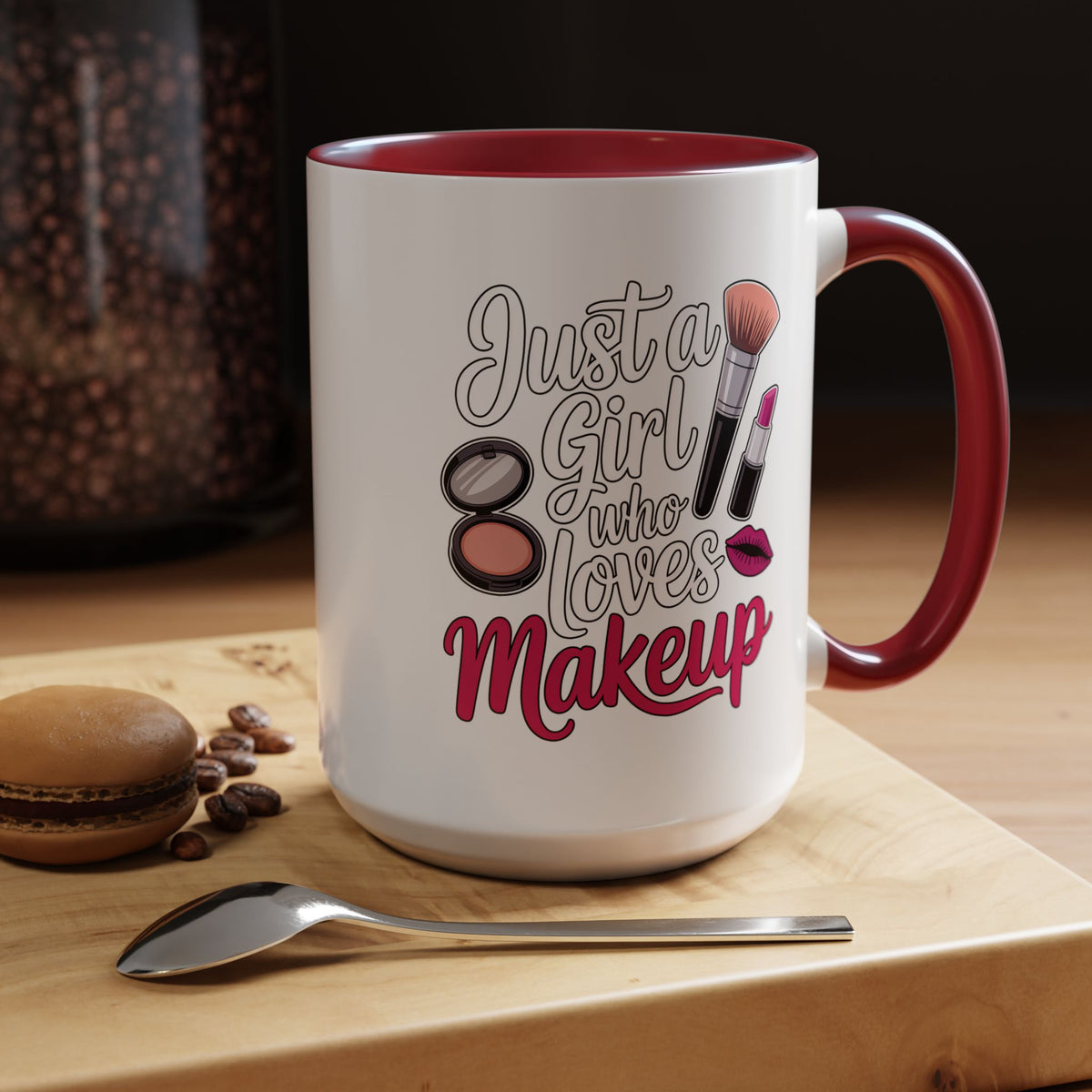 Makeup Lover Coffee Mug, Just a Girl Who Loves Makeup Quote, Lipstick and Brush Design, Birthday Gift for Beauty Enthusiast or Makeup Artist