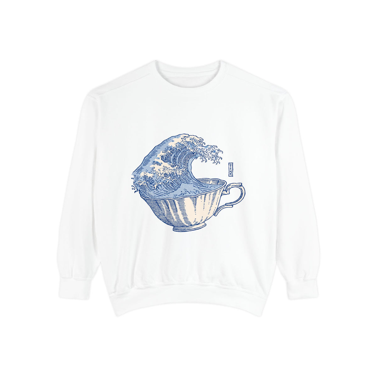 Great Wave Teacup Sweatshirt, Japanese Art Inspired Ocean Graphic, Gift for Tea Lovers and Coastal Art Fans, Casual Cafe Weekend Outfit