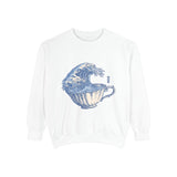 Great Wave Teacup Sweatshirt, Japanese Art Inspired Ocean Graphic, Gift for Tea Lovers and Coastal Art Fans, Casual Cafe Weekend Outfit