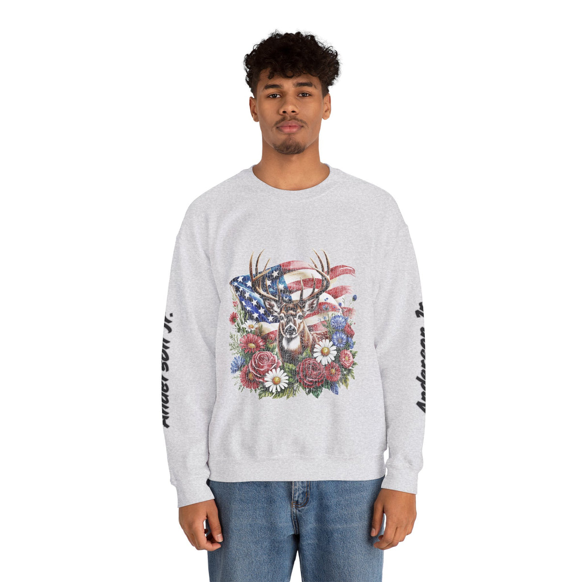 Personalized Hunting Family Sweatshirt, Custom Deer Patriotic Pullover, American Flag Floral Crewneck, Family Gift, Outdoorsman Shirt
