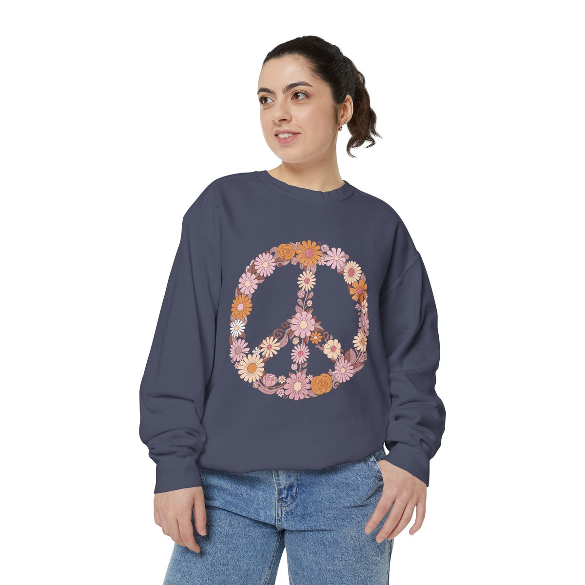 Floral Peace Sign Sweatshirt, Retro Daisy Crewneck for Women, Hippie Flower Gift, Cozy Boho Pullover for Festivals and Everyday Wear