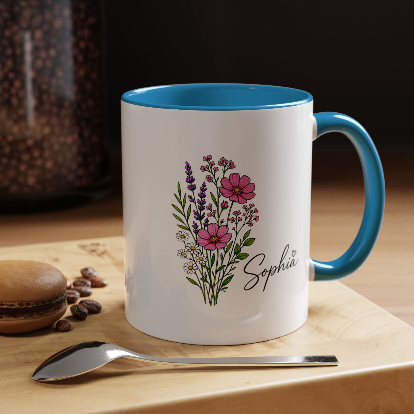 Personalized Floral Name Mug, Custom Wildflower Coffee Cup for Her, Birthday Gift for Women, Botanical Friend or Coworker Keepsake