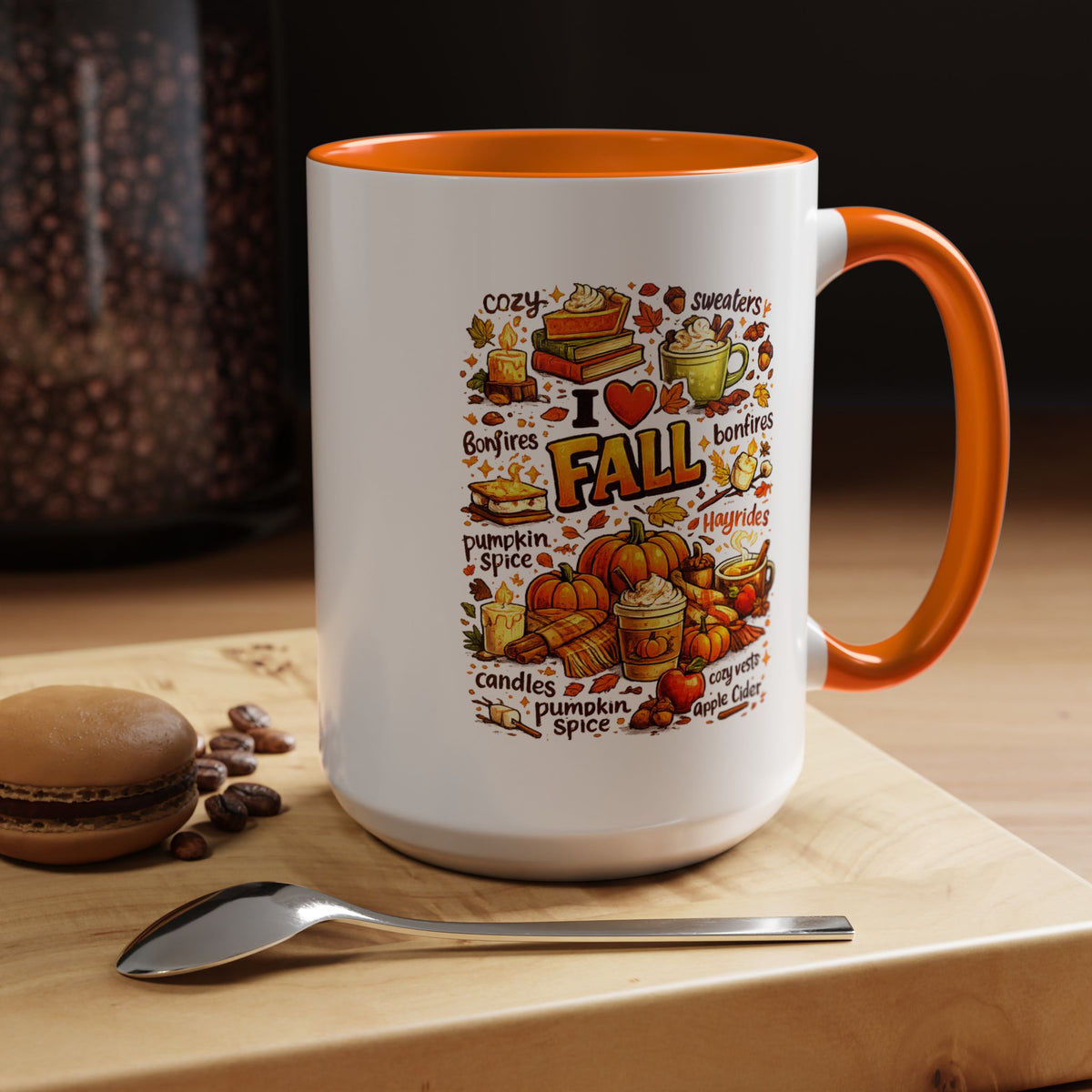 I Love Fall Coffee Mug, Cozy Autumn Pumpkin Spice Cup, Gift for Fall Lover, Book Reader, Teacher or Mom, Thanksgiving Kitchen Decor
