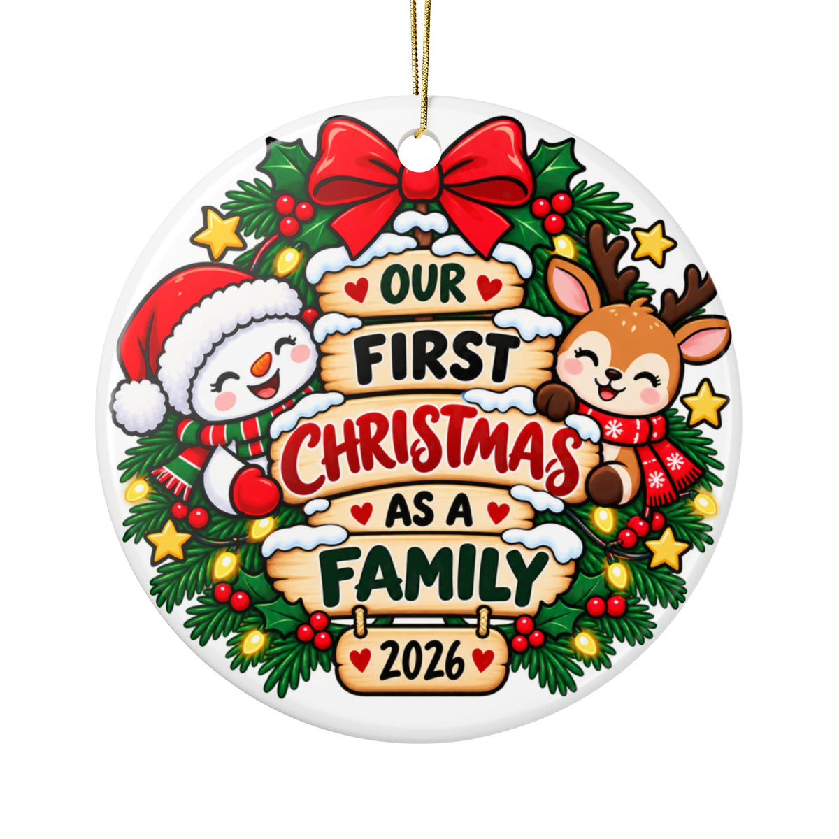 First Christmas as a Family Ornament 2026, Snowman and Reindeer with Festive Red Bow, Holiday Keepsake Gift for New Parents and New Families
