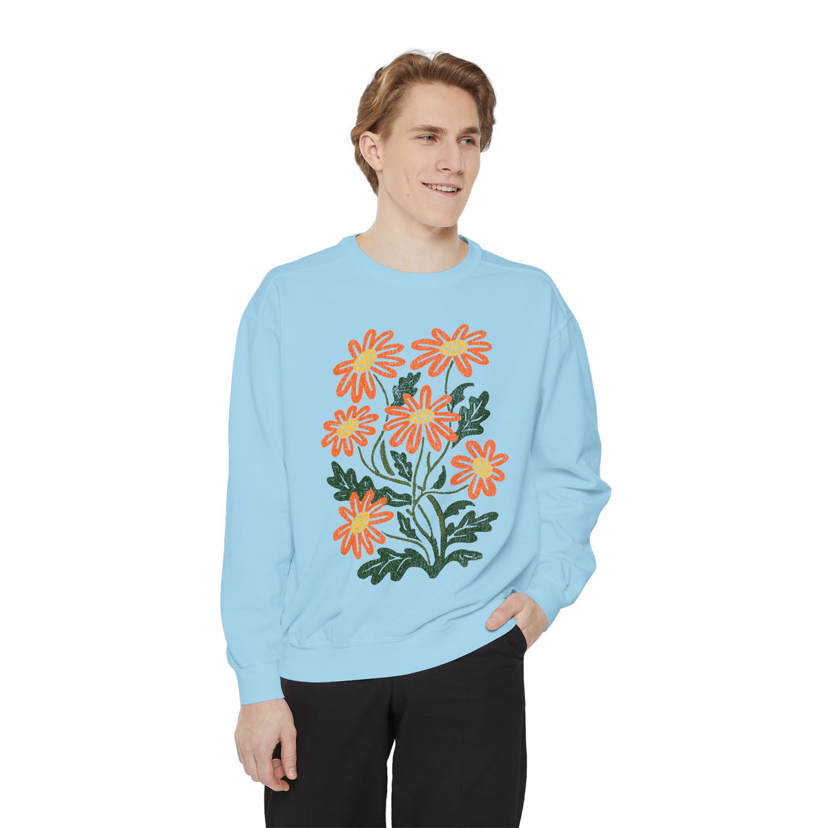Orange Daisy Graphic Sweatshirt, Retro Floral Pullover for Flower Lovers, Groovy Botanical Top, Cheerful Garden Gift for Women