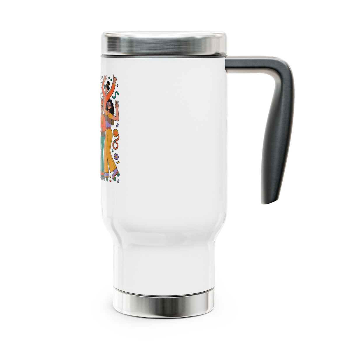 Retro Disco Birthday Travel Mug with Handle, 70s Roller Skating Party Design, Groovy Coffee Lover Gift for a Friend Who Loves Vintage Style