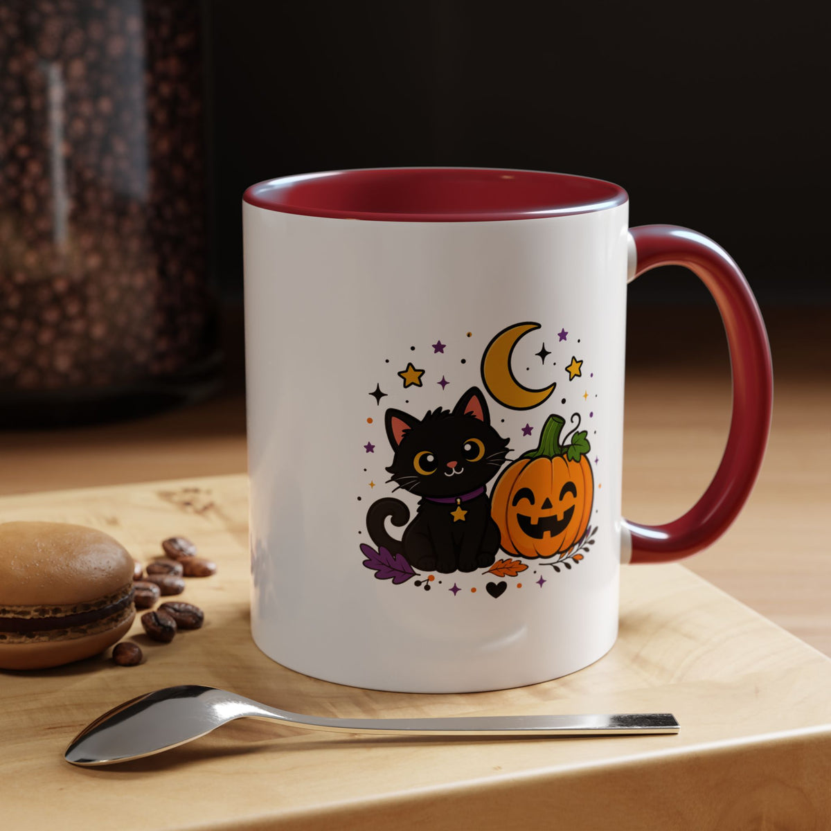 Cute Black Cat Halloween Mug, Pumpkin and Moon Coffee Cup, Spooky Season Gift for Cat Lover, Fall Birthday Present, Witchy Fall Decor