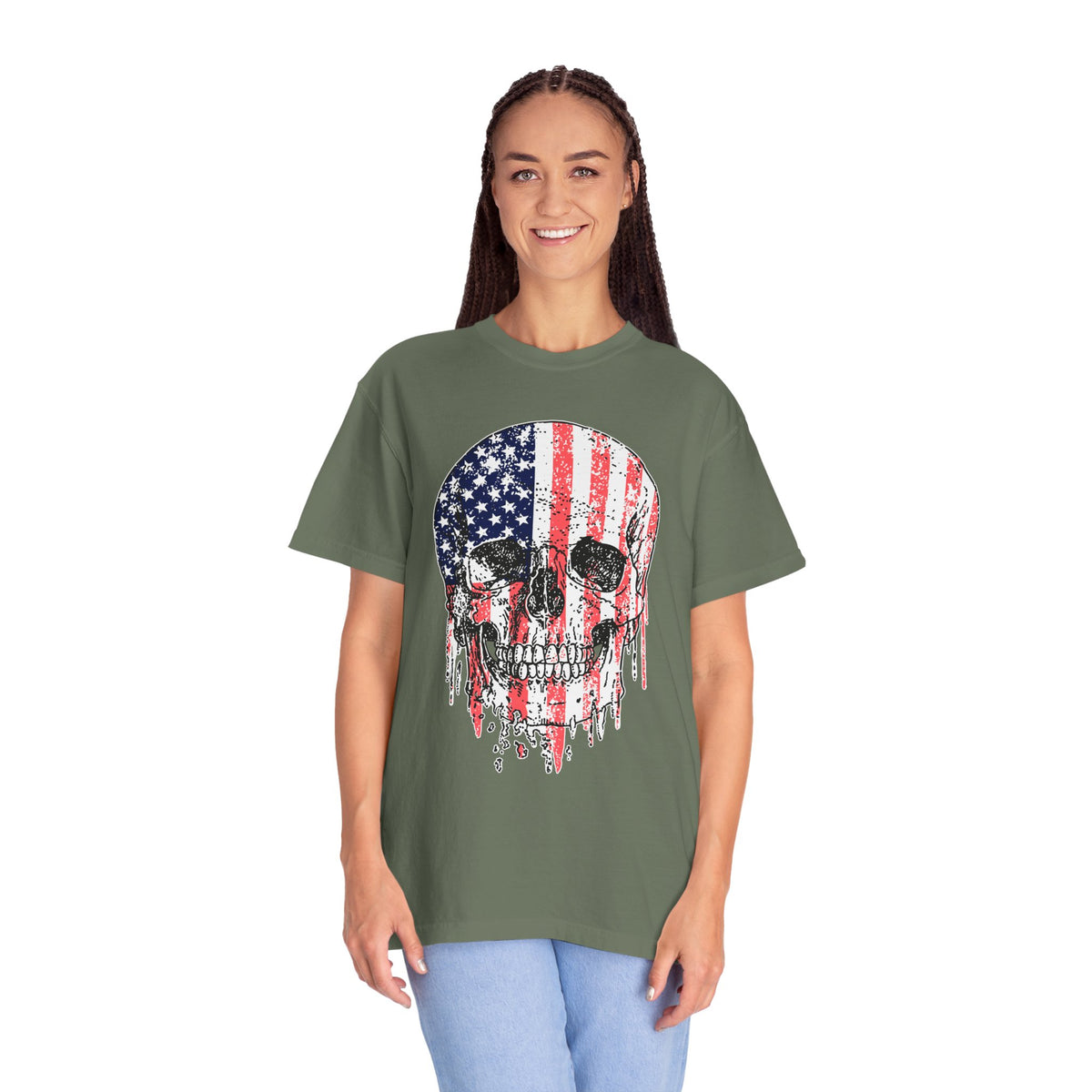 American Flag Skull Shirt, Distressed Patriotic Graphic for Biker Outfits, Fourth of July Style, Birthday Gift for Skull Art Lovers