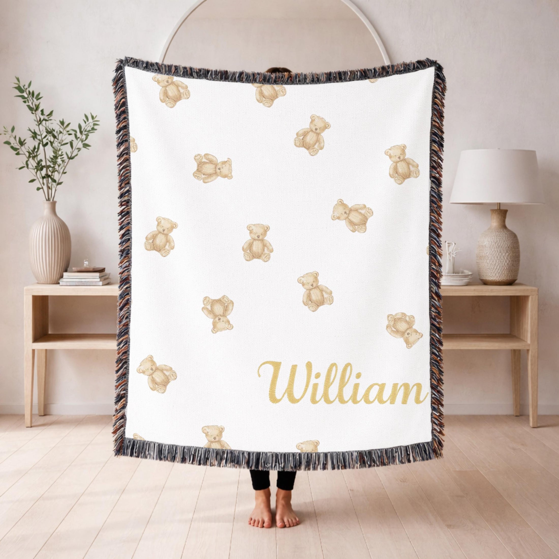 Custom Teddy Bear Woven Blanket Personalized Baby Blanket Nursery Decor Keepsake Gift Baby Shower Gift Name Blanket