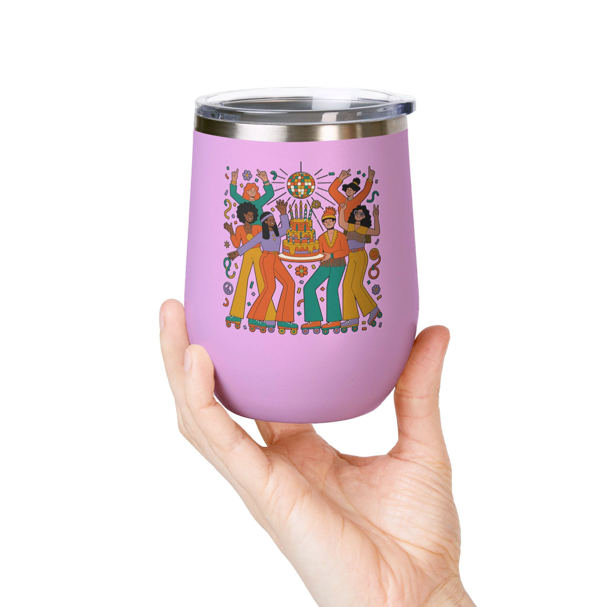 Retro Disco Birthday Wine Tumbler, 70s Roller Skating Party Design, Groovy Drinkware Gift for a Skater Friend Who Loves Vintage Aesthetics