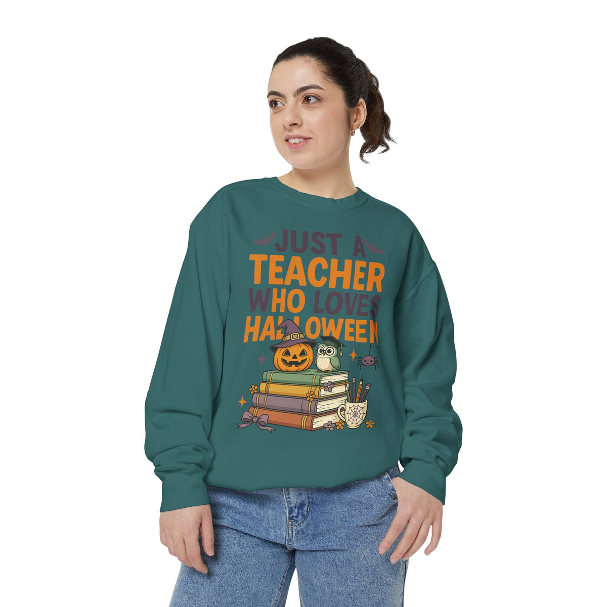 Teacher Halloween Sweatshirt, Just a Teacher Who Loves Halloween Crewneck, Spooky Classroom Shirt, Educator Gift, Cute Fall School Outfit
