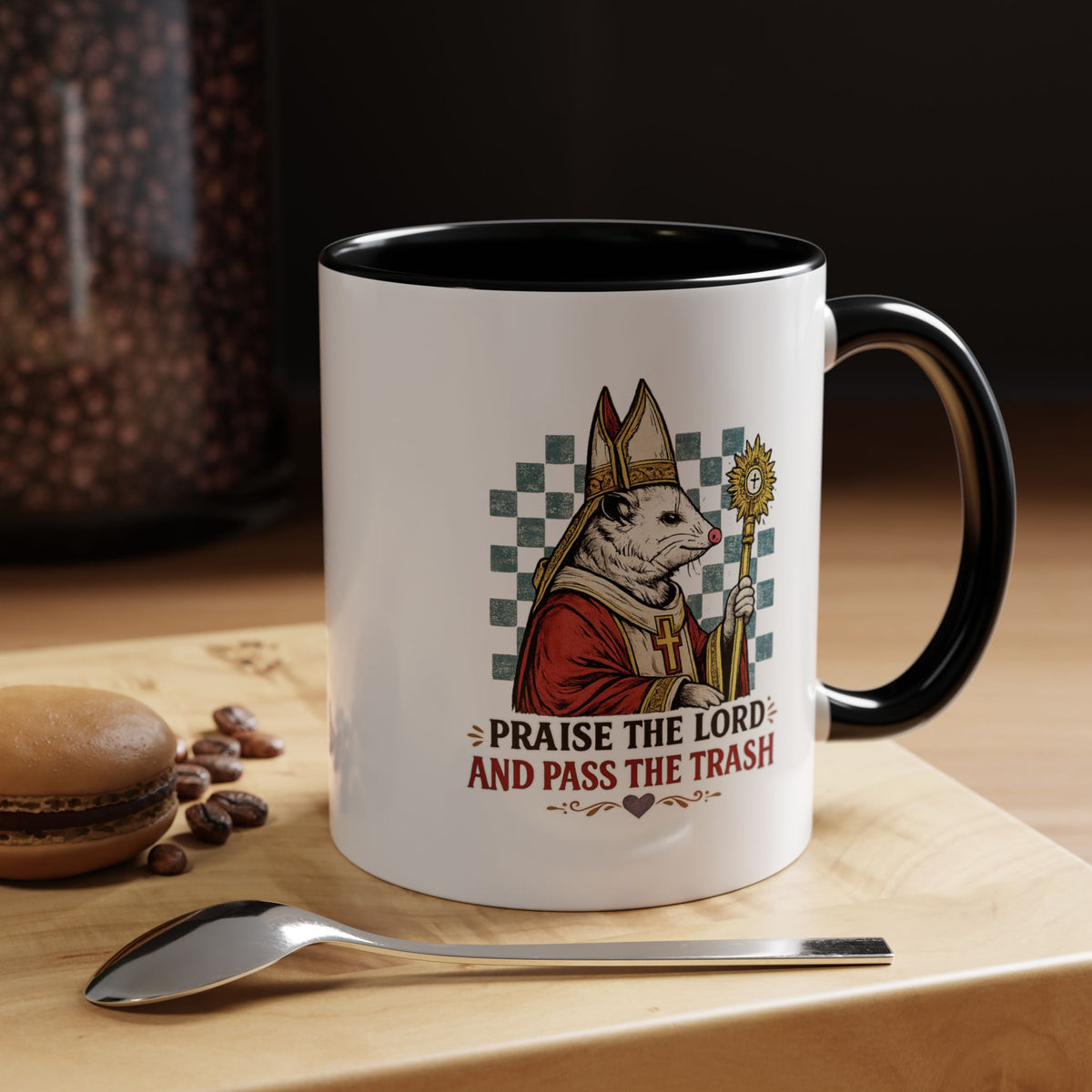 Praise the Lord and Pass the Trash Coffee Mug, Funny Opossum Pope Gift for Friends, Sarcastic Christian Possum Ceramic Tea Cup with Black Handle