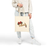 Personalized Christmas Tote Bag, Custom Name Cotton Canvas 15x16, Red Bow Evergreen, Holiday Monogram Shopper