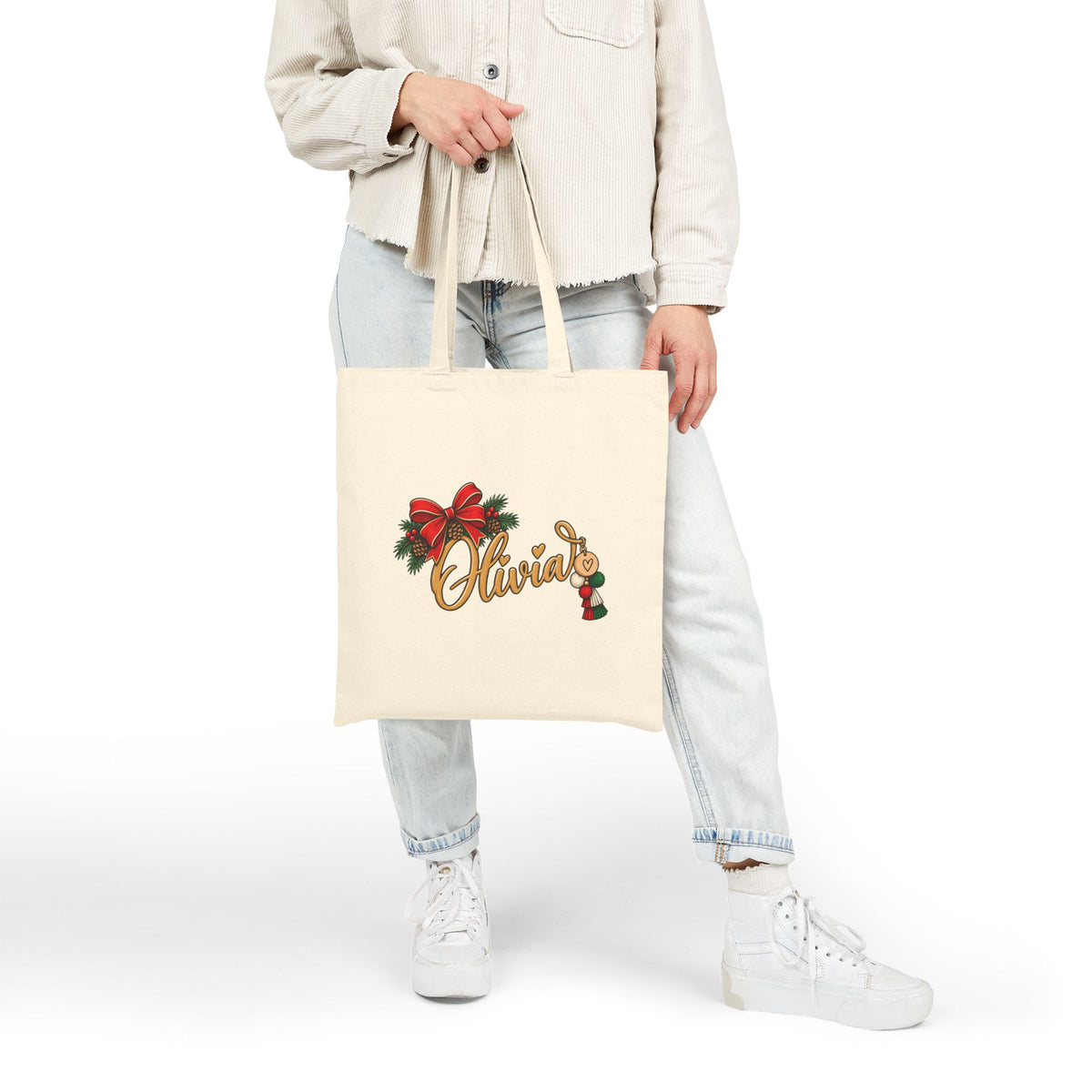Personalized Christmas Tote Bag, Custom Name Cotton Canvas 15x16, Red Bow Evergreen, Holiday Monogram Shopper