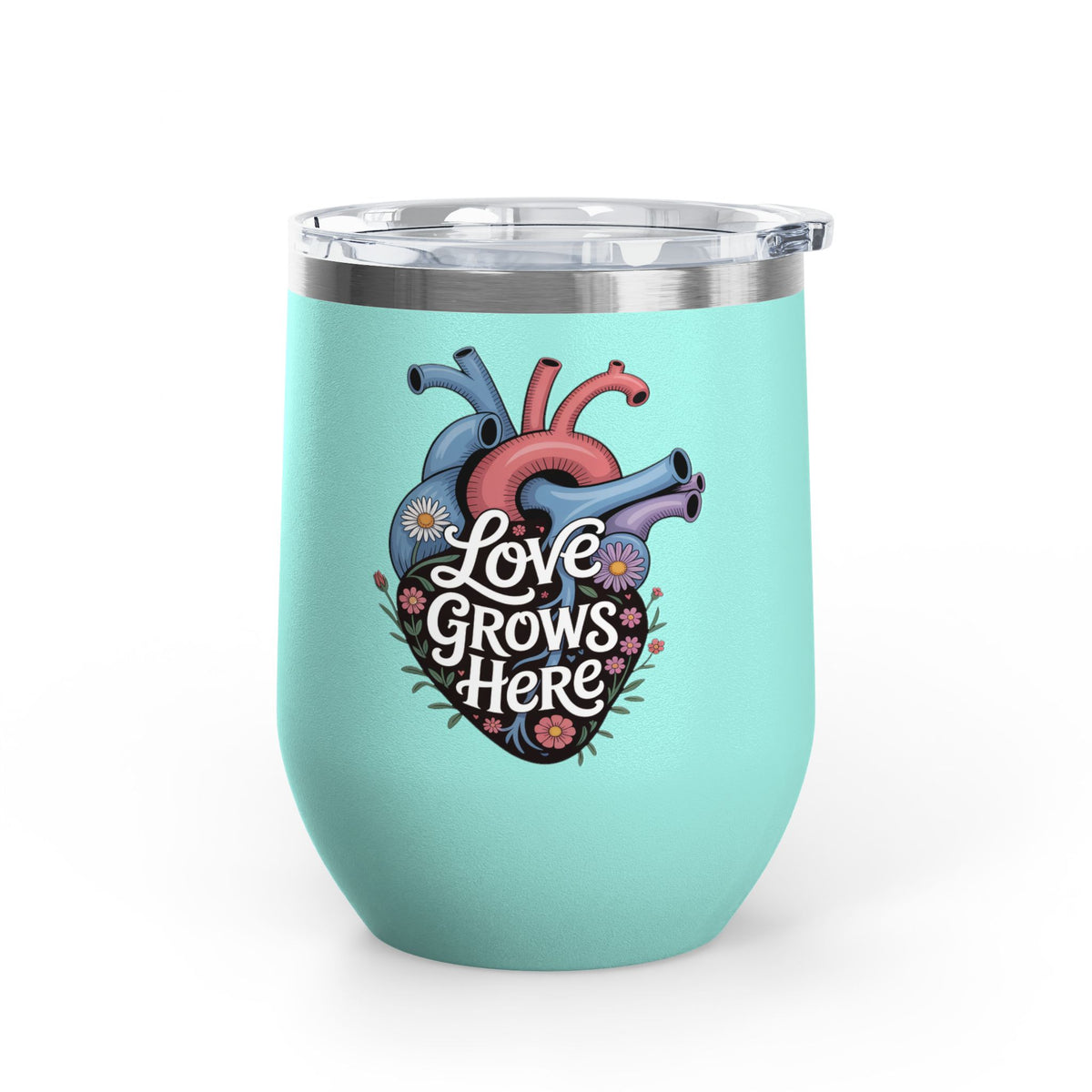 Anatomical Heart Wine Tumbler, Love Grows Here Floral Drinkware, Mental Health Gift, Self Love Present, Encouraging Gift for Her