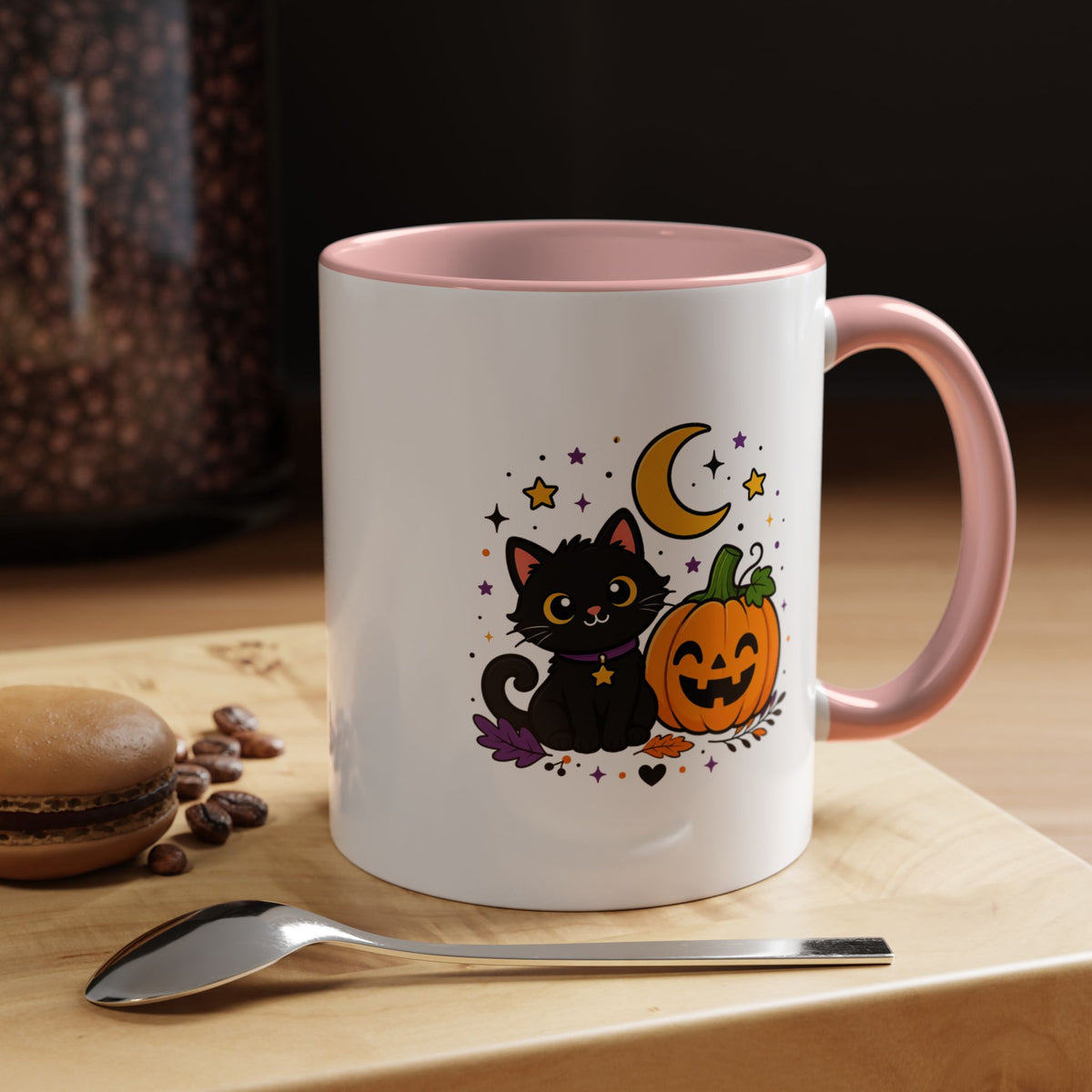 Cute Black Cat Halloween Mug, Pumpkin and Moon Coffee Cup, Spooky Season Gift for Cat Lover, Fall Birthday Present, Witchy Fall Decor