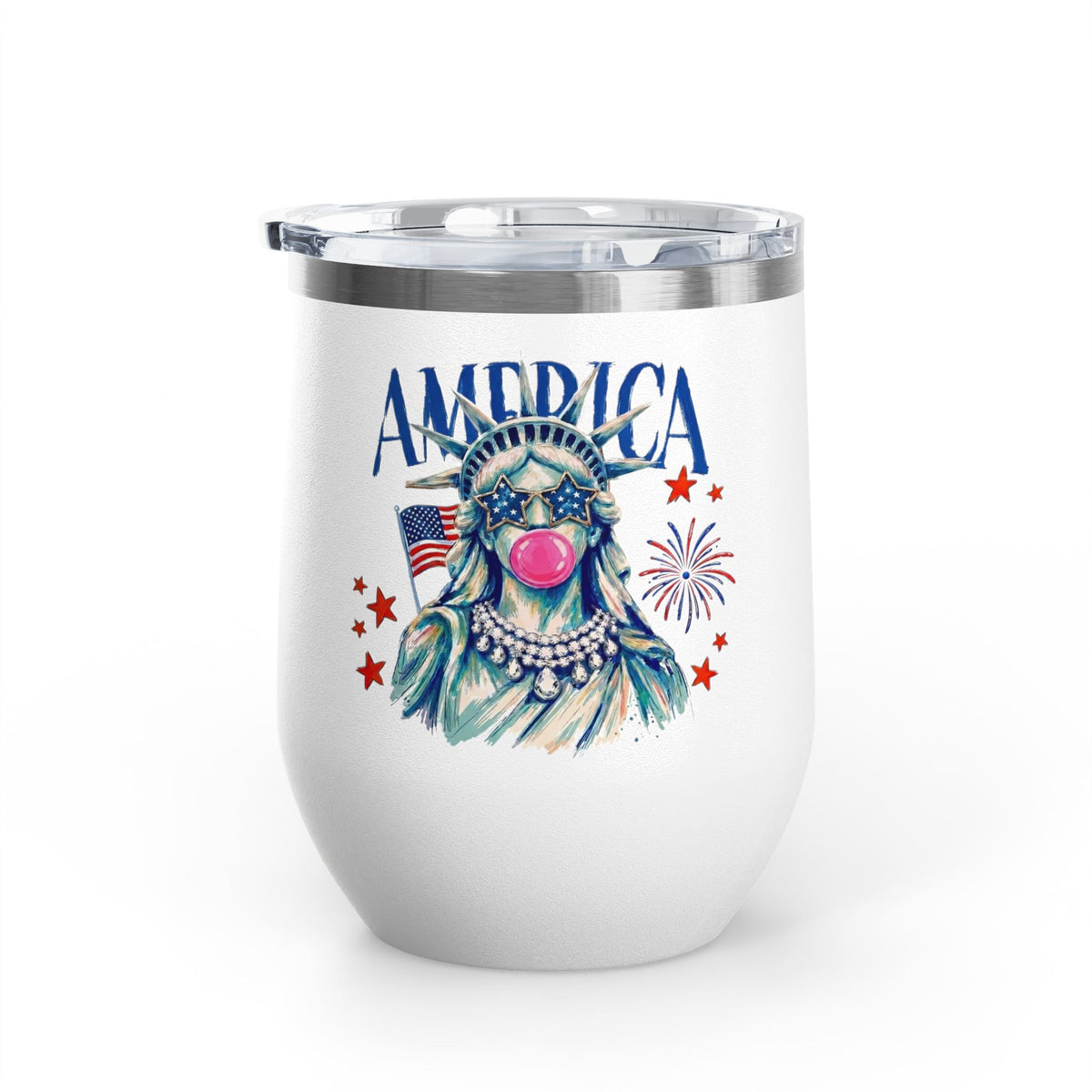 Patriotic Statue of Liberty Wine Tumbler, 4th of July Wine Cup, Lady Liberty Gift for Women, American Flag Drinkware, USA Summer Gift