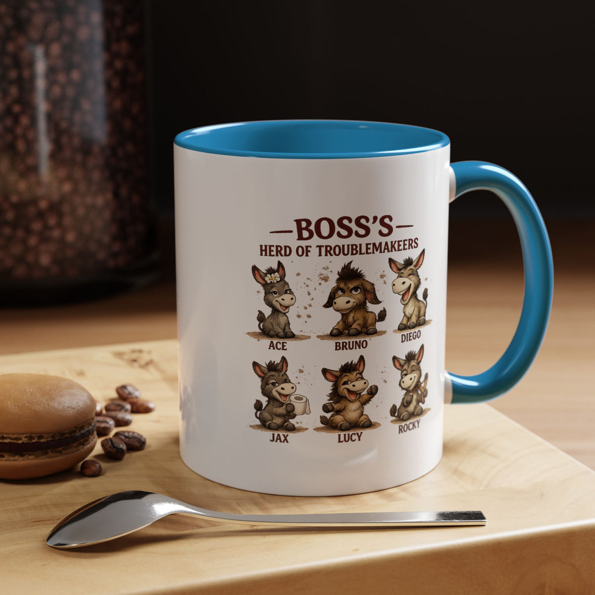 Boss's Guide to Troubleshooting Coffee Mug, Funny Office Joke Gift for Coworkers, Sarcastic Donkey Jackass Ceramic Tea Cup with Dark Blue Handle