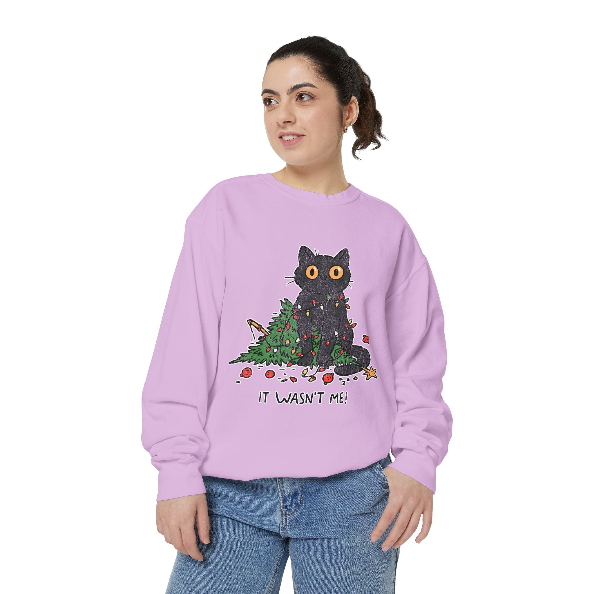 It Wasn't Me Black Cat Christmas Sweatshirt, Funny Holiday Crewneck, Mischievous Kitty Lights Pullover, Gift for Cat Mom or Cat Dad