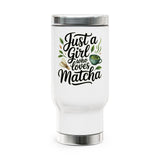 Matcha Lover Travel Mug with Handle, Just a Girl Who Loves Matcha, Green Tea Coffee Cup, Cute Cafe Gift for Her, Cozy Drinkware