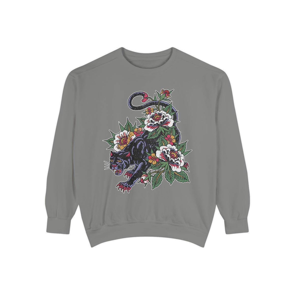 Traditional Panther Graphic Sweatshirt, Floral Tattoo Pullover for Men and Women, Old School Big Cat Top