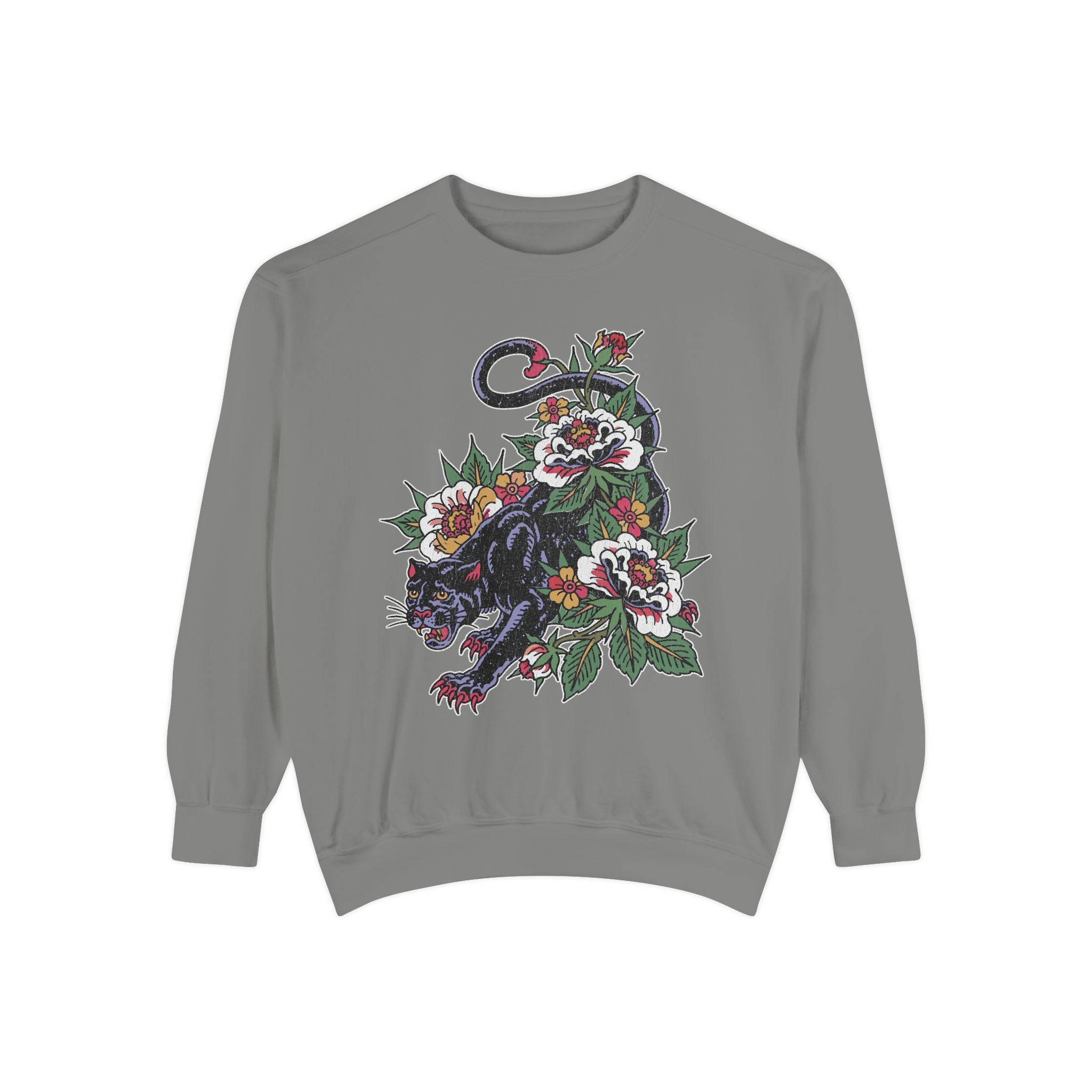Traditional Panther Graphic Sweatshirt, Floral Tattoo Pullover for Men and Women, Old School Big Cat Top