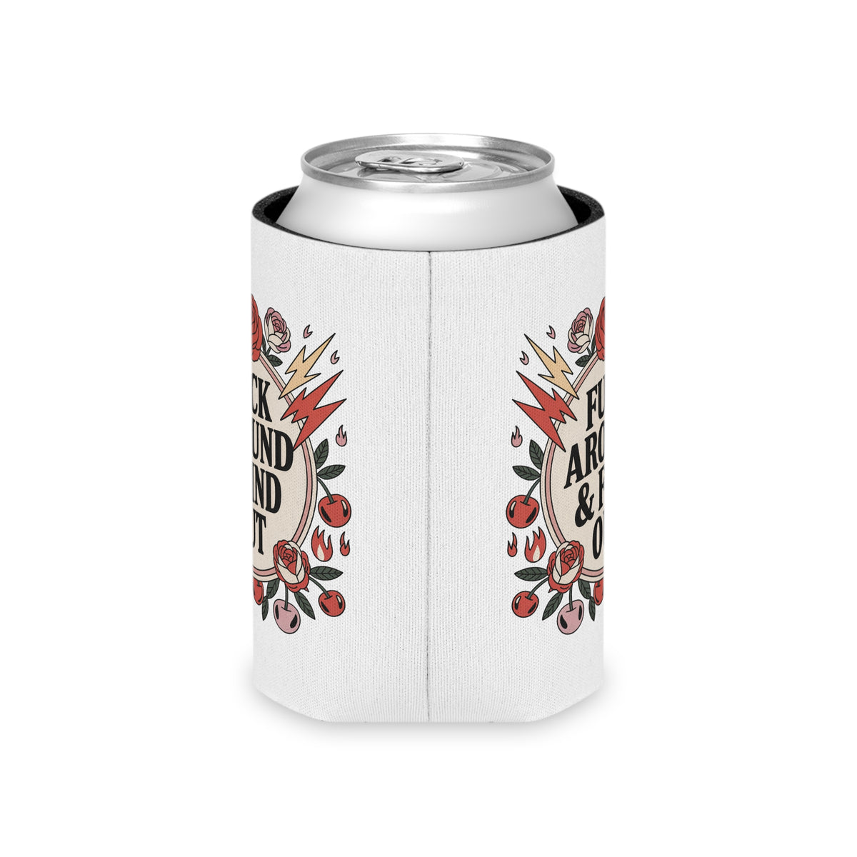 FAFO Can Cooler, Retro Tattoo Roses and Lightning Drink Sleeve, Sarcastic Gift for Friends, Funny Beer Can Holder