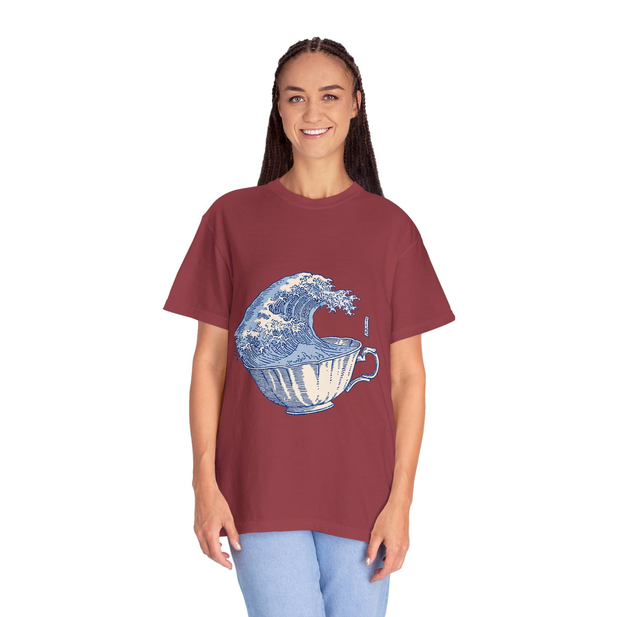 Great Wave Teacup Shirt, Japanese Art Inspired Ocean Graphic, Gift for Tea Lovers and Coastal Art Fans, Casual Cafe Weekend Outfit